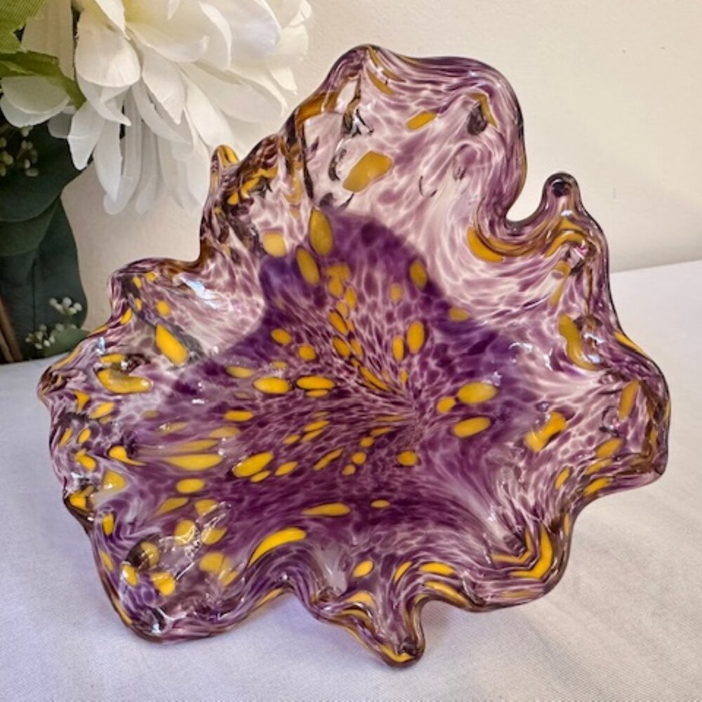 Hand Blown Murano Style Trumpet Dish Purple Yellow Swirl Glass Art MCM Italian